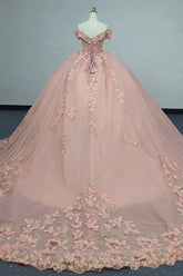 Pink Quinceanera Ball Gown Off-Shoulder 3D Butterflies Applique Tulle Dress for Sweet 16 & Evening Galas